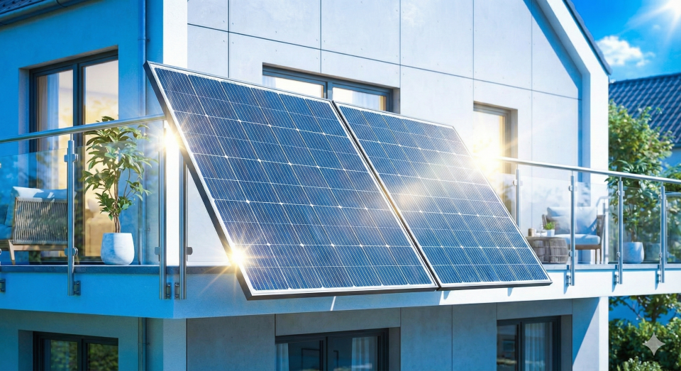 PV-installatie op balkon bevestigd aan een reling. Gericht op de zon. ACE Stoßdämpfer GmbH - Studentenwedstrijd 2026