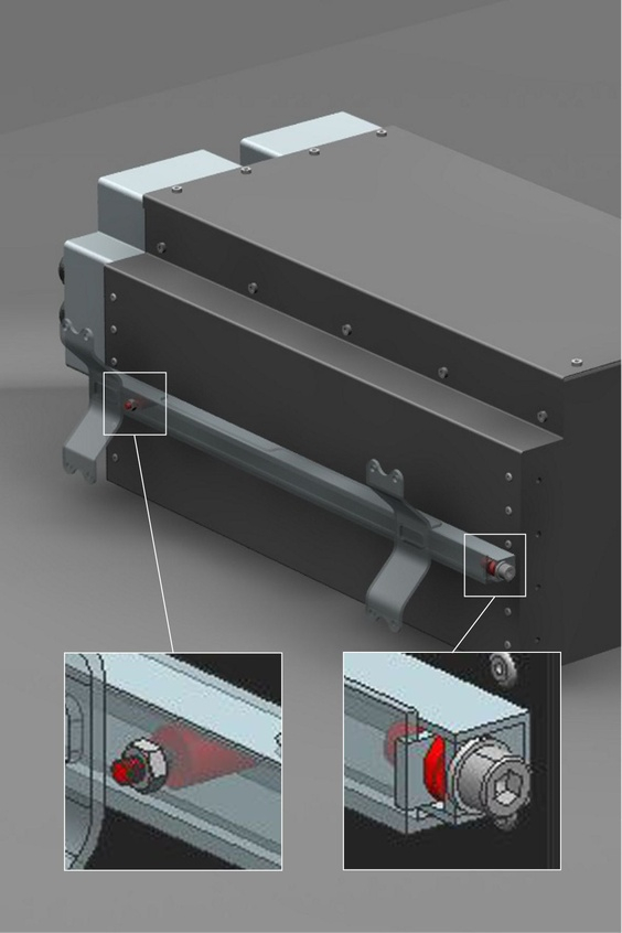 Snelbevestigingselementen van ACE (pijlen) beschermen de elektronica en werden als isolerend verbindingselement tussen de omvormer en de carrosserie gemonteerd. 